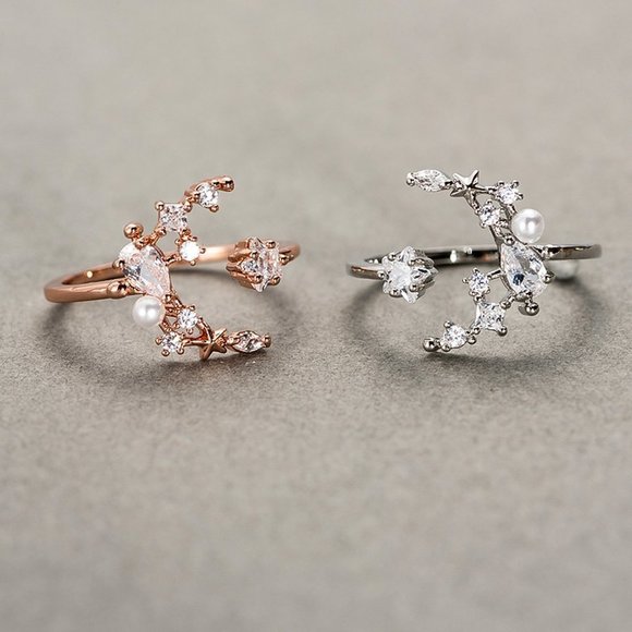 Shiny Star Moon Design Silver Rose Gold Plated CZ Ring for Women, HA4420